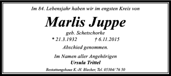 Traueranzeige von Marlis Juppe von Braunschweiger Zeitung