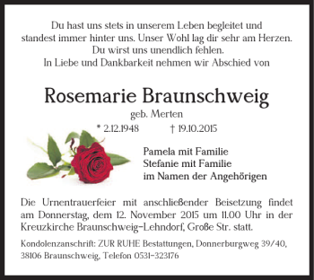 Traueranzeige von Rosemarie Braunschweig von Braunschweiger Zeitung