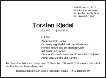 Traueranzeige von Torsten Riedel von Braunschweiger Zeitung