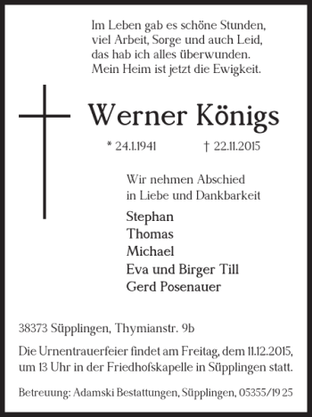 Traueranzeige von Werner Königs von Helmstedter Nachrichten