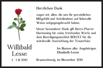 Traueranzeige von Willibald Lesse von Braunschweiger Zeitung