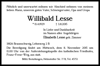 Traueranzeige von Willibald Lesse von Braunschweiger Zeitung