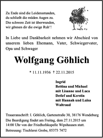 Traueranzeige von Wolfgang Göhlich von Braunschweiger Zeitung