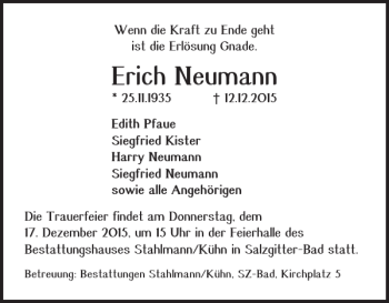 Traueranzeige von Erich Neumann von Salzgitter Zeitung