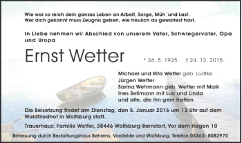 Traueranzeige von Ernst Wetter von Wolfsburger Nachrichten