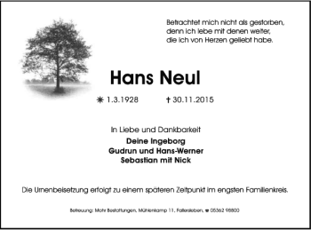 Traueranzeige von Hans Neul von Wolfsburger Nachrichten