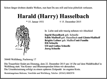 Traueranzeige von Harald Harry Hasselbach von Wolfsburger Nachrichten