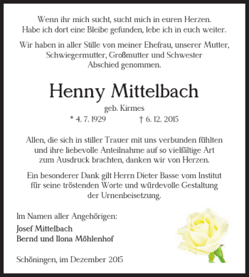Traueranzeige von Henny Mittelbach von Helmstedter Nachrichten