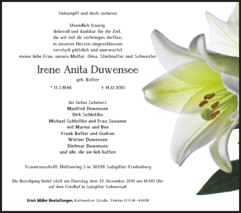 Traueranzeige von Irene Anita Duwensee von Salzgitter Zeitung