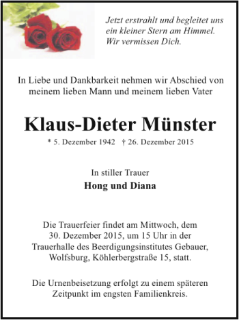Traueranzeige von Klaus-Dieter Münster von Wolfsburger Nachrichten