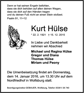 Traueranzeige von Kurt Hülse von Wolfsburger Nachrichten