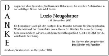 Traueranzeige von Luzie Neugebauer von Helmstedter Nachrichten