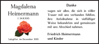 Traueranzeige von Magdalena Heimermann von Salzgitter Zeitung