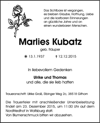 Traueranzeige von Marlies Kubatz von Wolfsburger Nachrichten