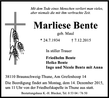 Traueranzeige von Marliese Bente von Braunschweiger Zeitung