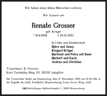 Traueranzeige von Renate Grosser von Braunschweiger Zeitung