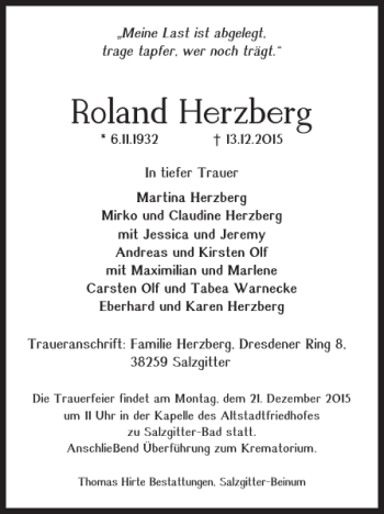 Traueranzeige von Roland Herzberg von Salzgitter Zeitung