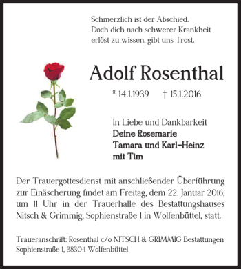 Traueranzeige von Adolf Rosenthal von Wolfenbütteler Zeitung