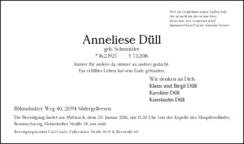 Traueranzeige von Anneliese Düll von Braunschweiger Zeitung