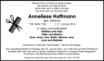 Traueranzeige von Anneliese Hoffmann von Braunschweiger Zeitung