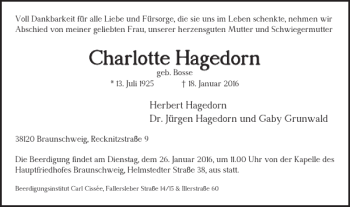Traueranzeige von Charlotte Hagedorn von Braunschweiger Zeitung