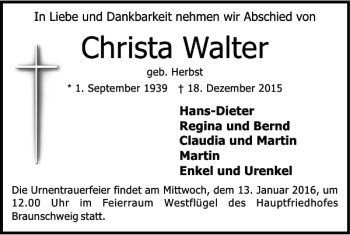 Traueranzeige von Christa Walter von Braunschweiger Zeitung