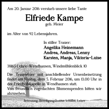 Traueranzeige von Elfriede Kampe von Helmstedter Nachrichten