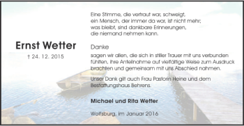 Traueranzeige von Ernst Wetter von Wolfsburger Nachrichten
