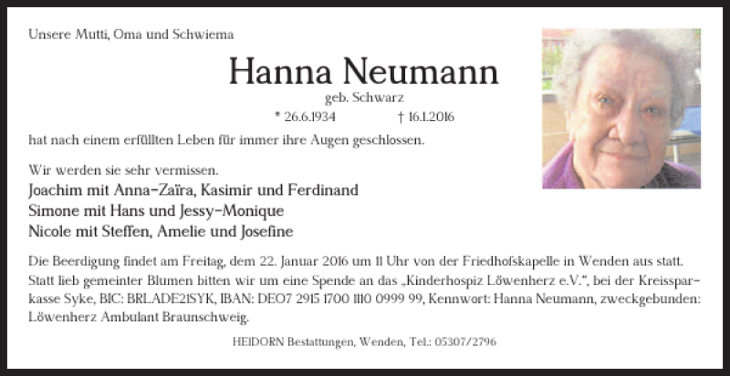 Traueranzeigen von Hanna Neumann trauer38.de