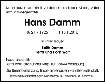 Traueranzeige von Hans Damm von Salzgitter Zeitung
