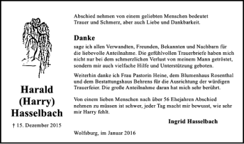Traueranzeige von Harald Harry Hasselbach von Wolfsburger Nachrichten