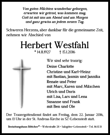 Traueranzeige von Herbert Westfahl von Salzgitter Zeitung