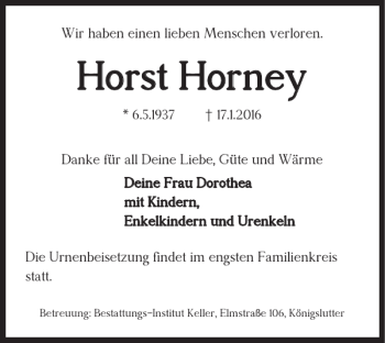 Traueranzeige von Horst Horney von Helmstedter Nachrichten