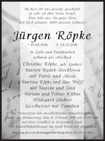 Traueranzeige von Jürgen Röpke von Helmstedter Nachrichten