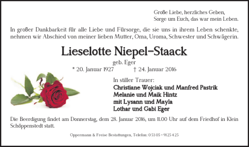  Traueranzeige für Lieselotte Niepel-Staack vom 26.01.2016 aus Wolfenbütteler Zeitung