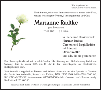 Traueranzeige von Marianne Radtke von Braunschweiger Zeitung
