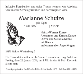 Traueranzeige von Marianne Schulze von Braunschweiger Zeitung