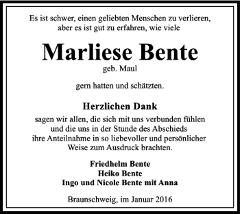 Traueranzeige von Marliese Bente von Braunschweiger Zeitung