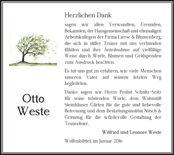 Traueranzeige von Otto Weste von Wolfenbütteler Zeitung