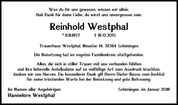 Traueranzeige von Reinhold Westphal von Helmstedter Nachrichten