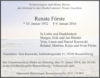 Traueranzeige von Renate Förste von Braunschweiger Zeitung