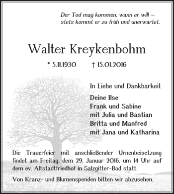 Traueranzeige von Walter Kreykenbohm von Salzgitter Zeitung