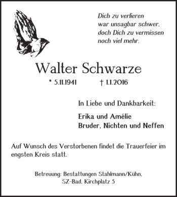 Traueranzeige von Walter Schwarze von Salzgitter Zeitung