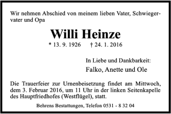 Traueranzeige von Willi Heinze von Braunschweiger Zeitung