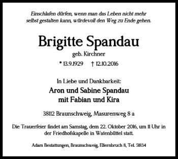 Traueranzeige von Brigitte Spandau von Braunschweiger Zeitung
