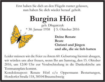 Traueranzeige von Burgina Hörl von Braunschweiger Zeitung