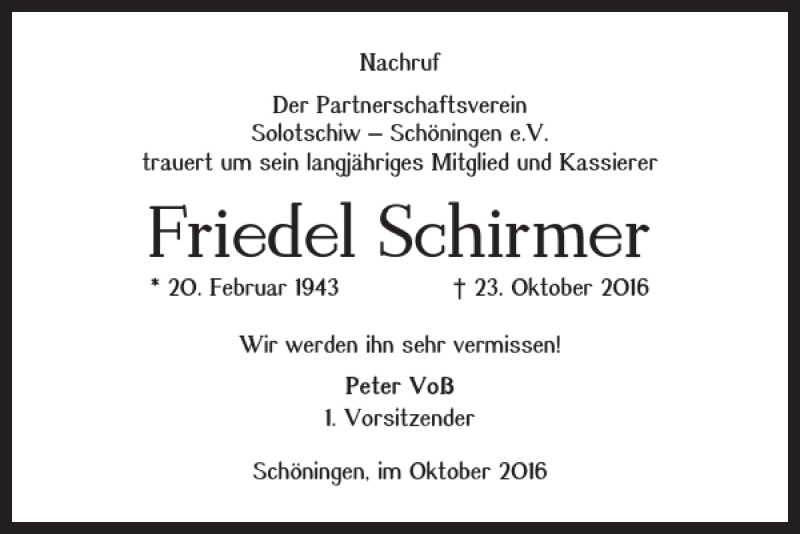  Traueranzeige für Friedel Schirmer vom 28.10.2016 aus Helmstedter Nachrichten
