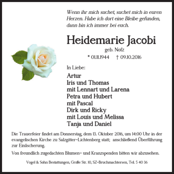 Traueranzeige von Heidemarie Jacobi von Salzgitter Zeitung