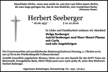 Traueranzeige von Herbert Seeberger von Braunschweiger Zeitung