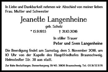 Traueranzeige von Jeanette Langenheine von Braunschweiger Zeitung